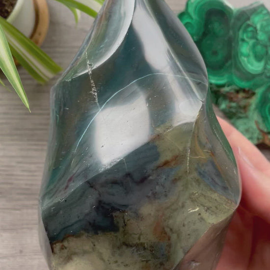 Pictured is a carved ocean jasper (river jasper) flame. Ocean Jasper Flame 1.1kg - The Wandering Fox Emporium, Your Crystal Store video