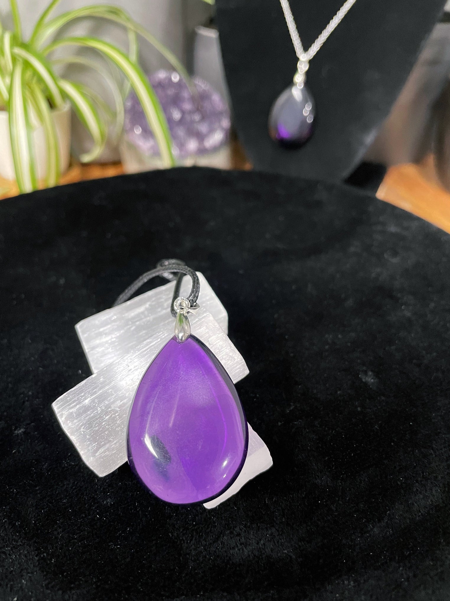 High Quality Amethyst Teardrop Necklace close up crystal