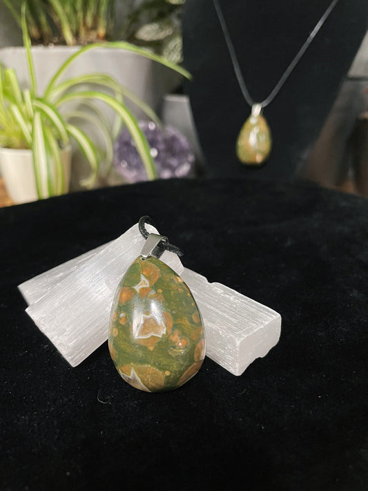 Rainforest Jasper Teardrop Pendant Necklace (Small) - The Wandering Fox Emporium, Your Crystal Store