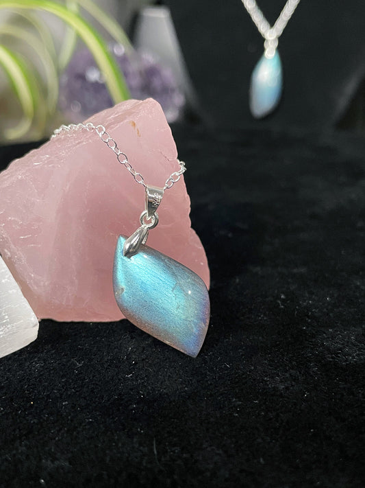 High-Quality Labradorite Leaf Necklace - The Wandering Fox Emporium, Your Crystal Store