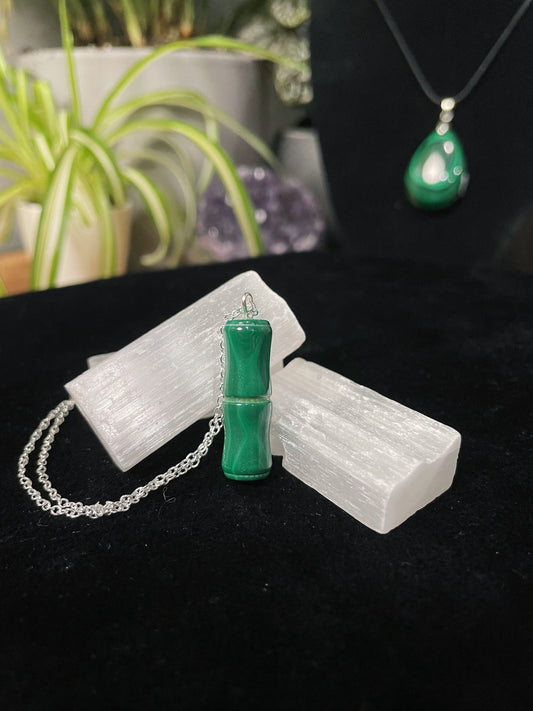 Malachite Bamboo Pendant Necklace - The Wandering Fox Emporium, Your Crystal Store