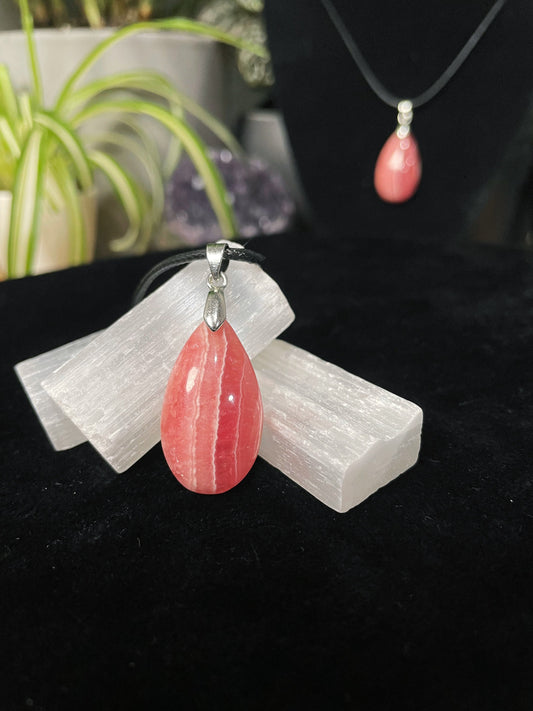 High-Quality Rhodochrosite Teardrop Necklace (A) - The Wandering Fox Emporium, Your Crystal Store