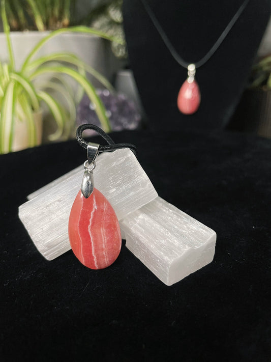 High-Quality Rhodochrosite Teardrop Necklace (C) - The Wandering Fox Emporium, Your Crystal Store