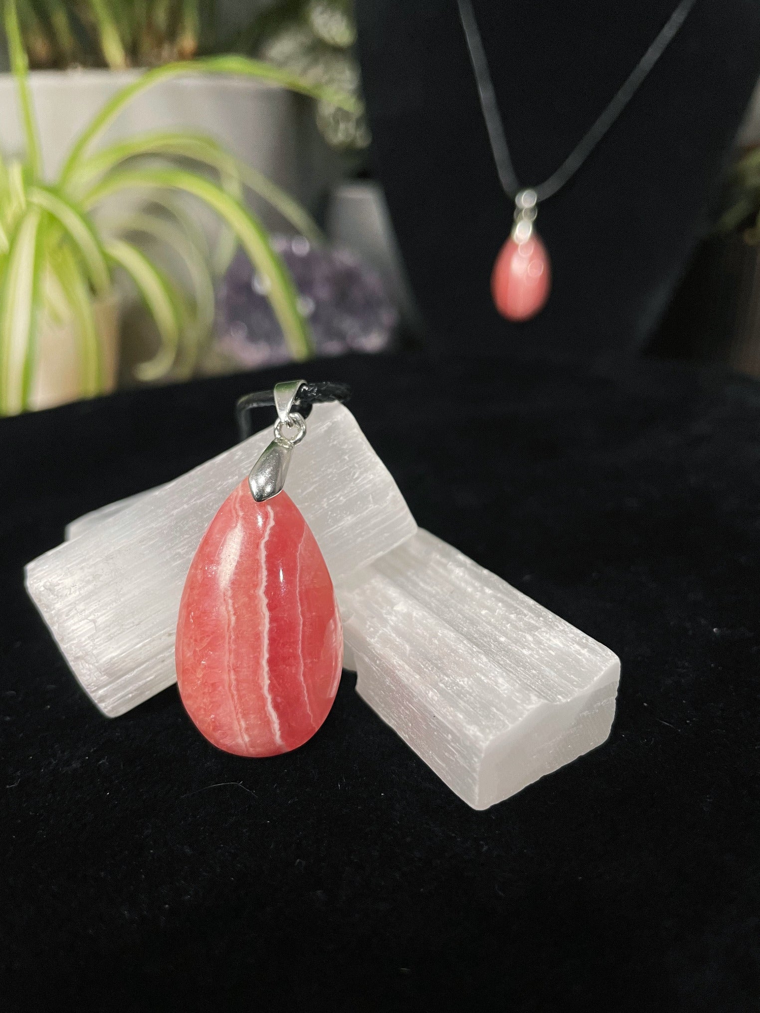 High-Quality Rhodochrosite Teardrop Necklace (D) - The Wandering Fox Emporium, Your Crystal Store