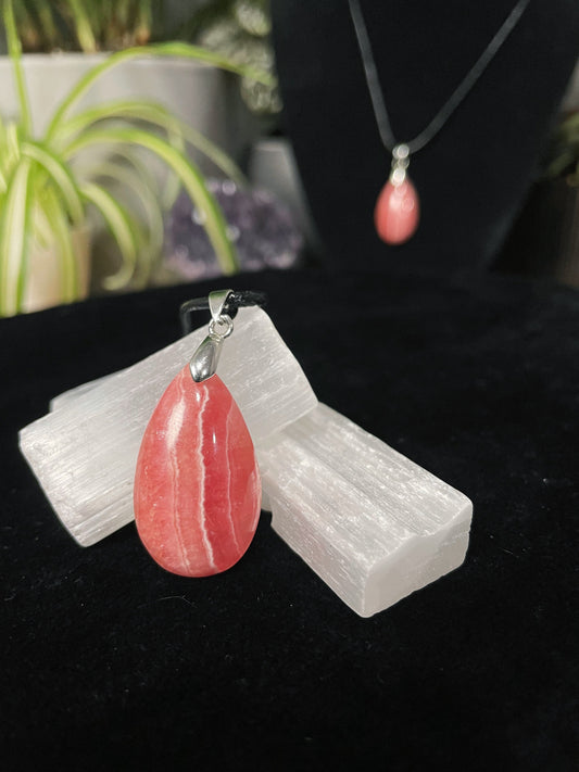 High-Quality Rhodochrosite Teardrop Necklace (D) - The Wandering Fox Emporium, Your Crystal Store