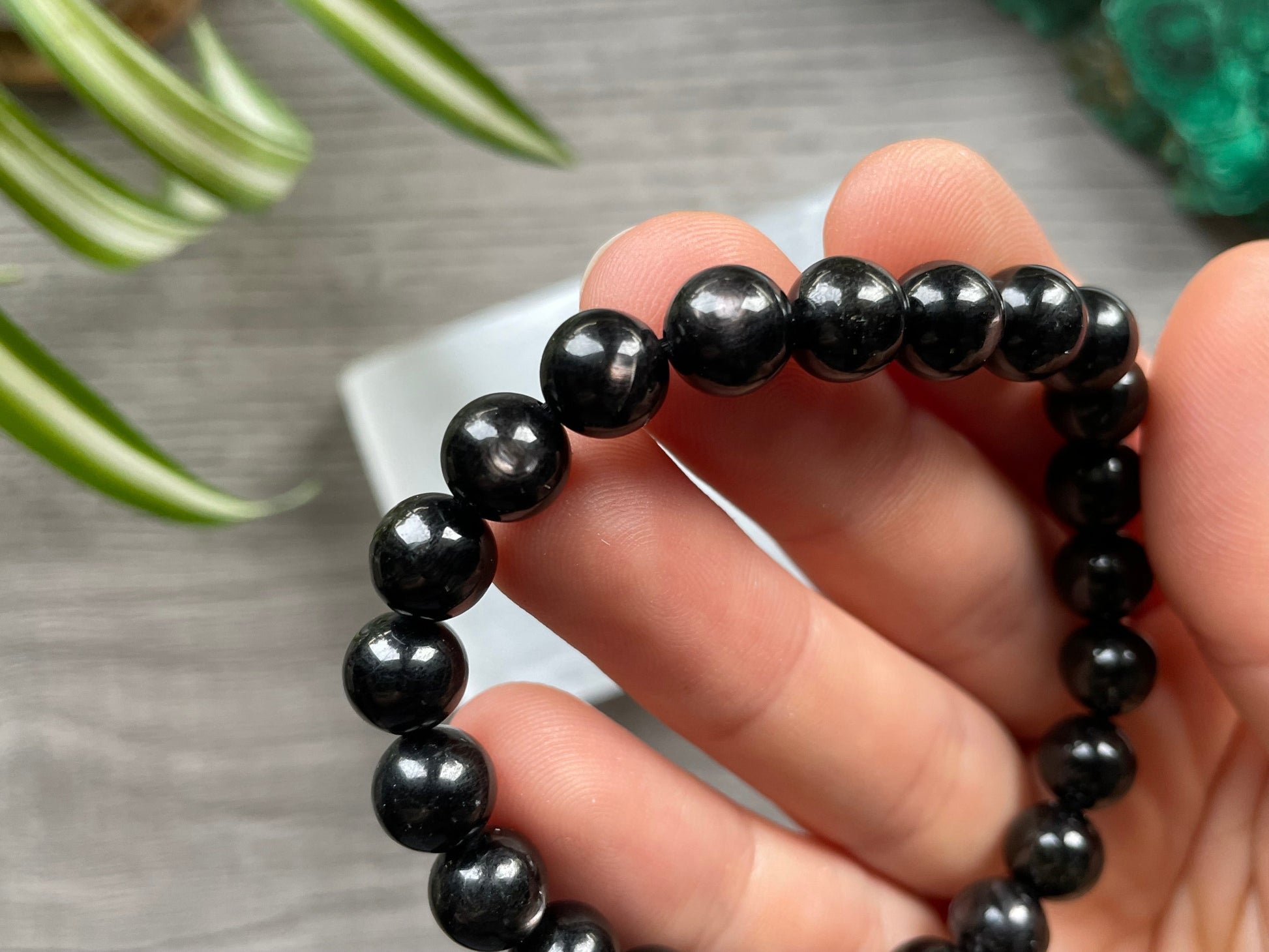Hypersthene Bracelet 8mm - The Wandering Fox Emporium, Your Crystal Store close up