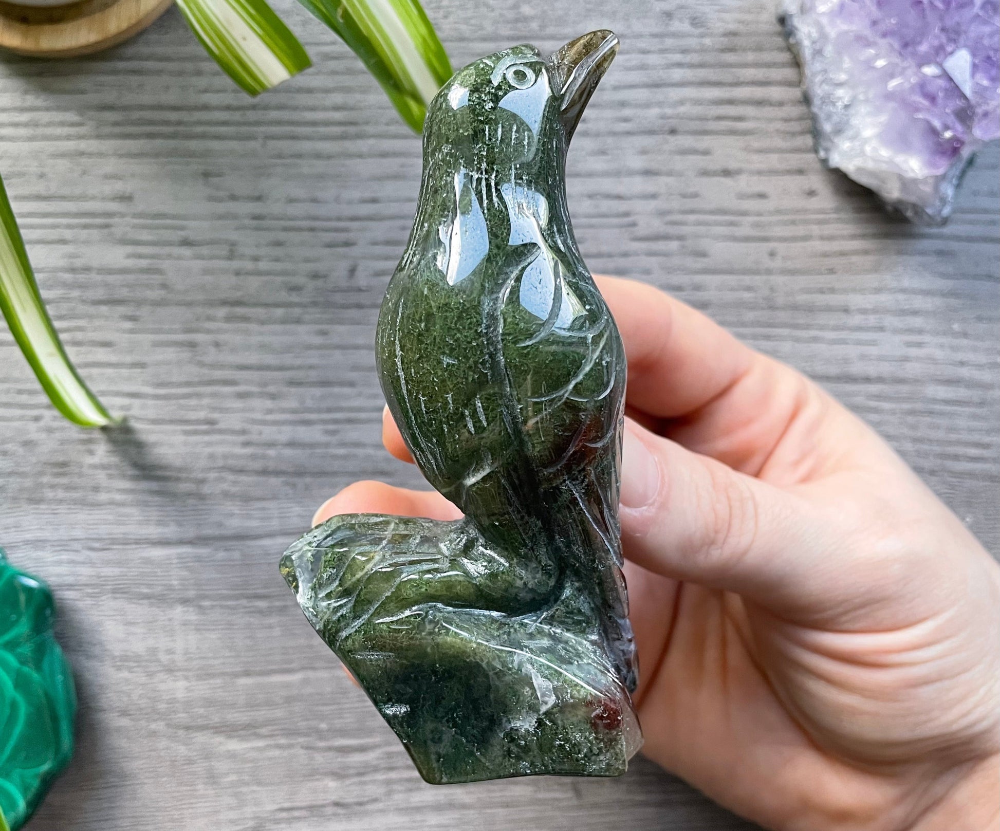 Moss Agate Raven Crystal Carving side