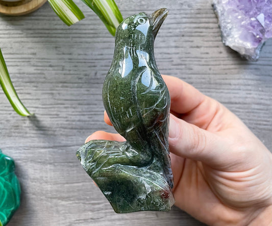 Moss Agate Raven Crystal Carving side
