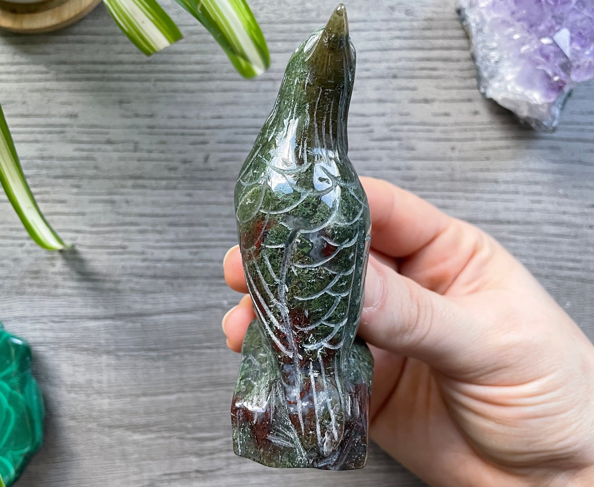 Moss Agate Raven Crystal Carving back
