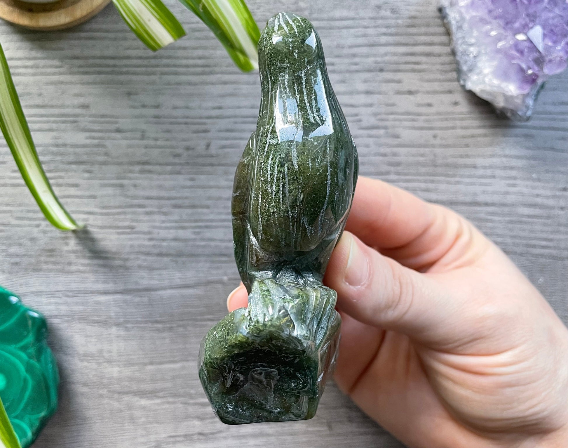 Moss Agate Raven Crystal Carving side 2