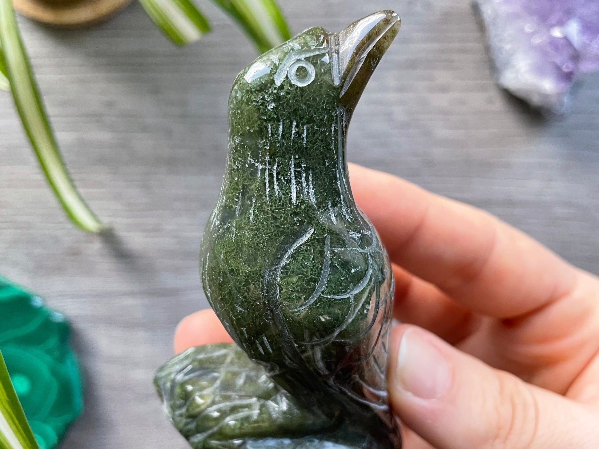 Moss Agate Raven Crystal Carving close up