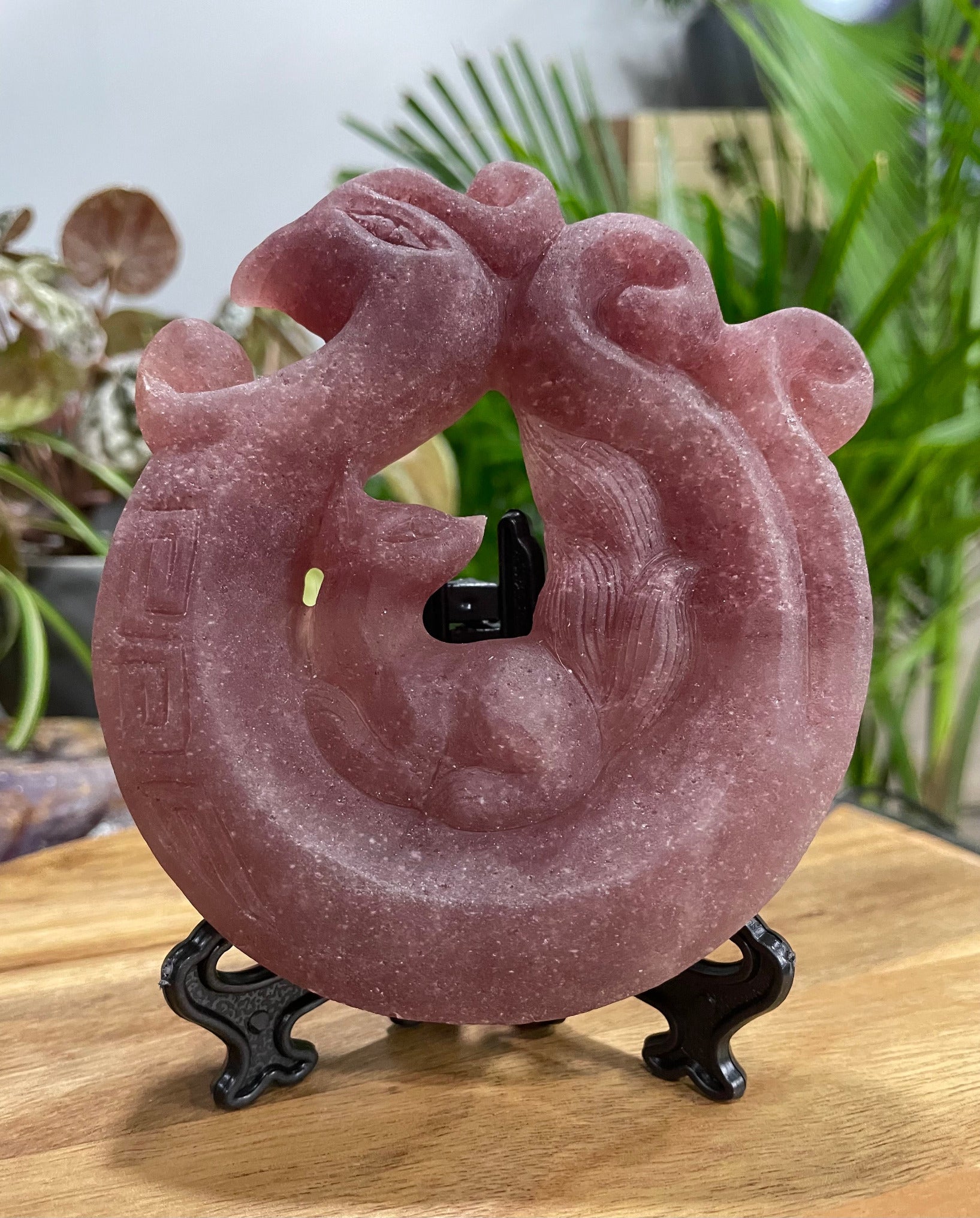 Hand-Carved Strawberry Quartz Phoenix & Nine-Tailed Fox Crystal Carving front 2