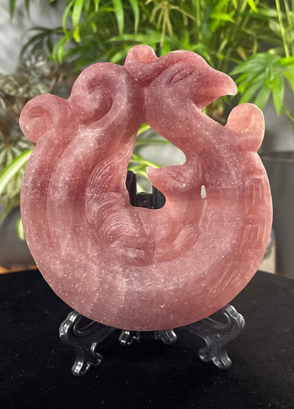 Hand-Carved Strawberry Quartz Phoenix & Nine-Tailed Fox Crystal Carving front
