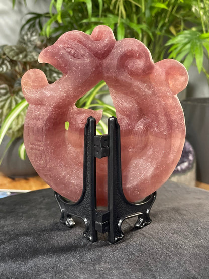 Hand-Carved Strawberry Quartz Phoenix & Nine-Tailed Fox Crystal Carving back