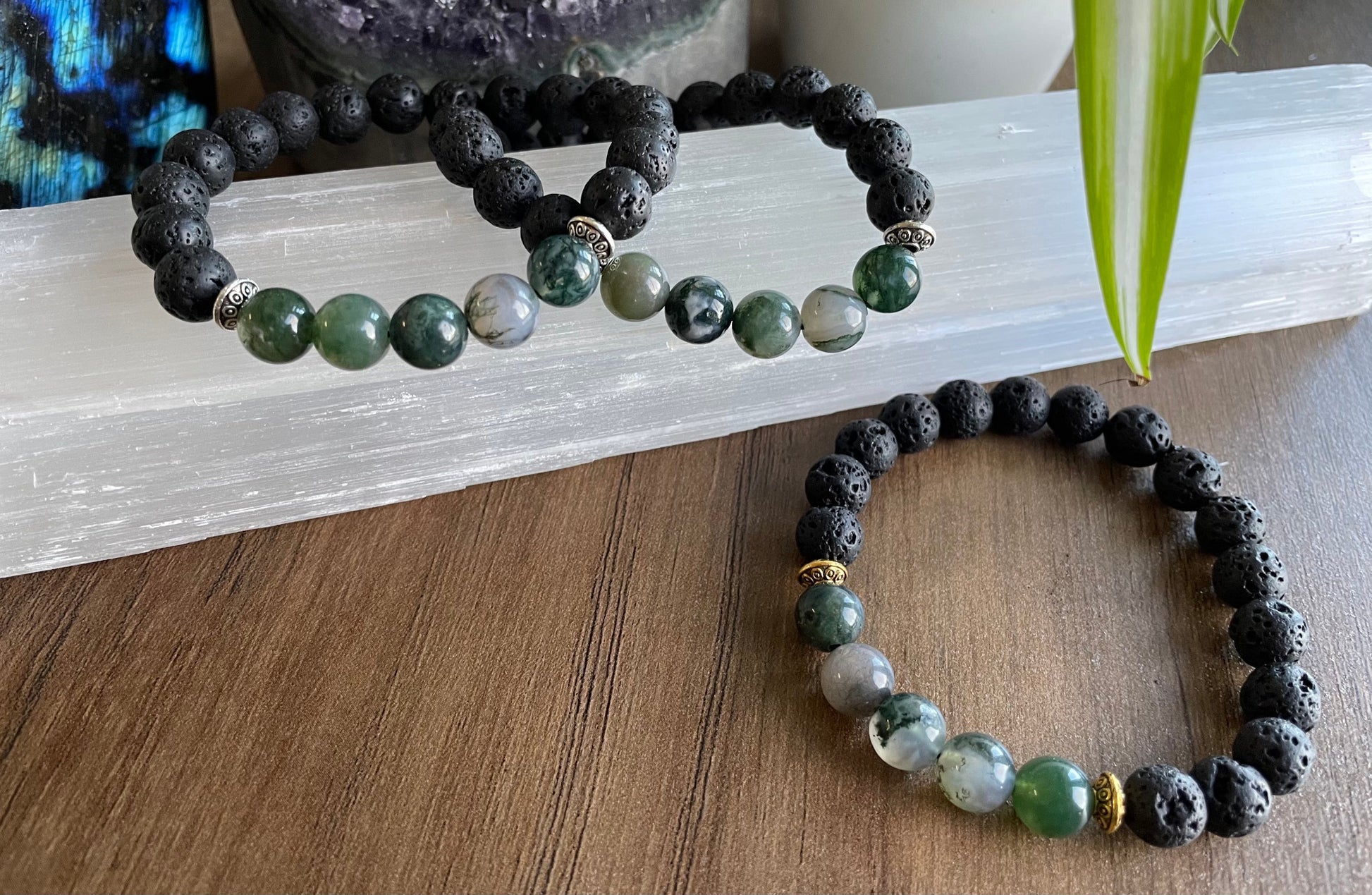 Moss Agate & Lava Stone Bracelet - The Wandering Fox Emporium, Your Crystal Store