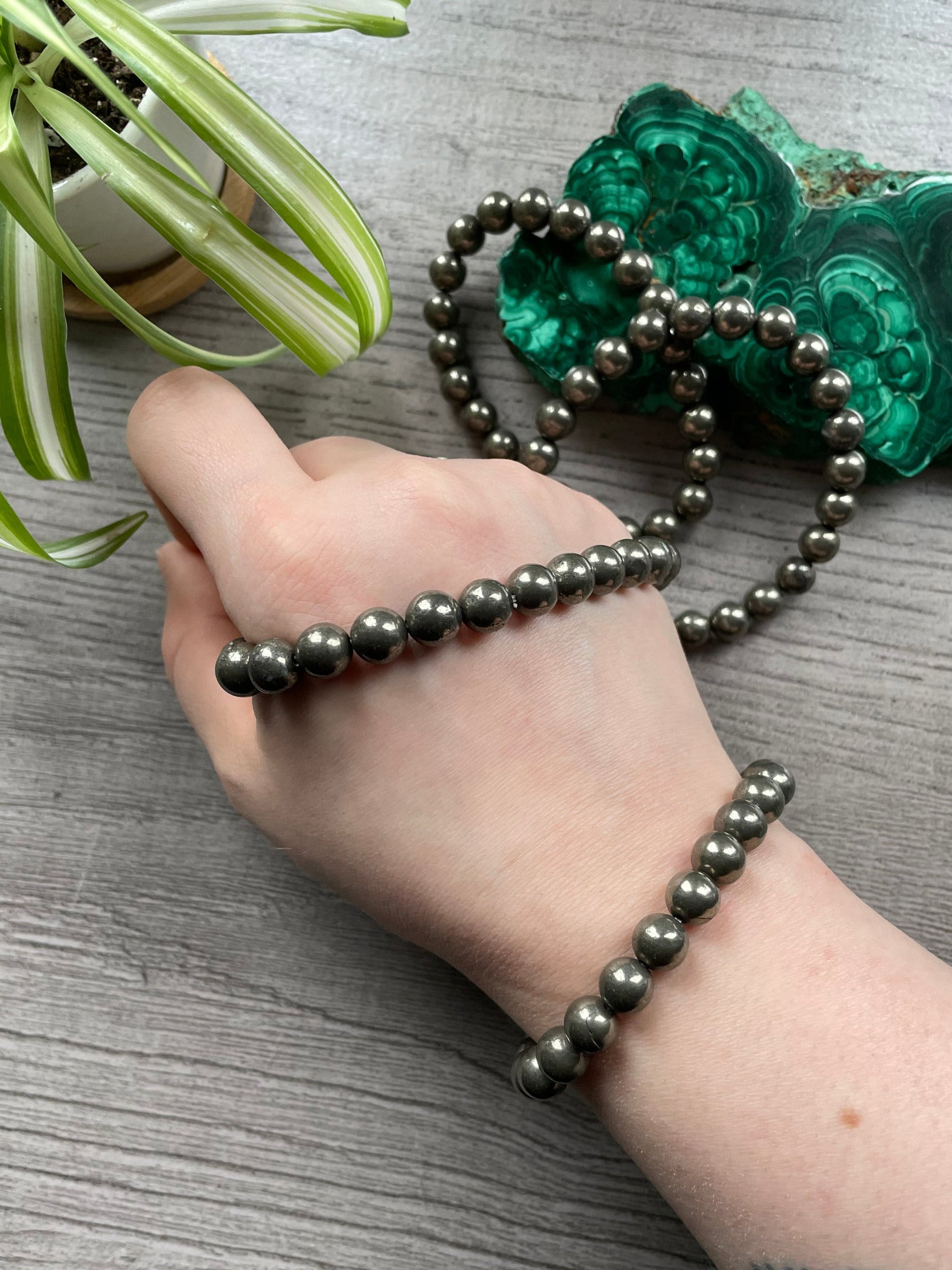 Pyrite Bracelet 8mm - The Wandering Fox Emporium, Your Crystal Store close up
