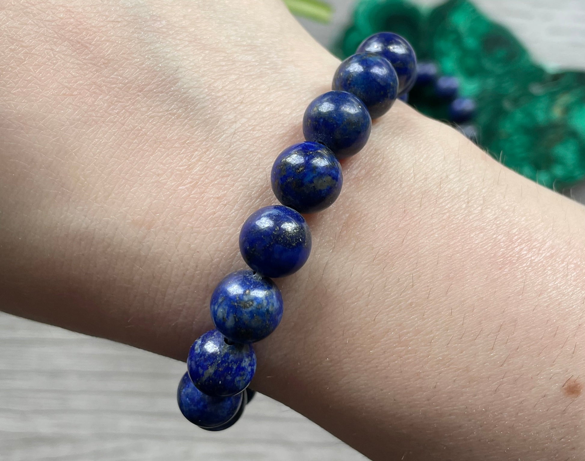 Pictured is a lapis lazuli bracelet.