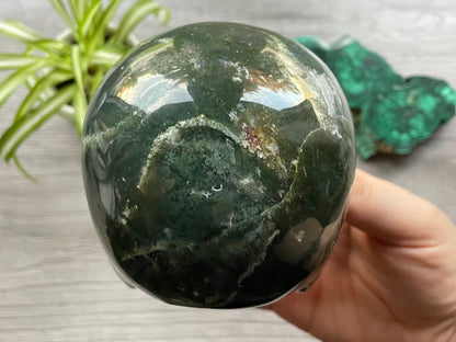 Moss Agate Crystal Skull with Druzy (1.3kg) - The Wandering Fox Emporium, Your Metaphysical Store back