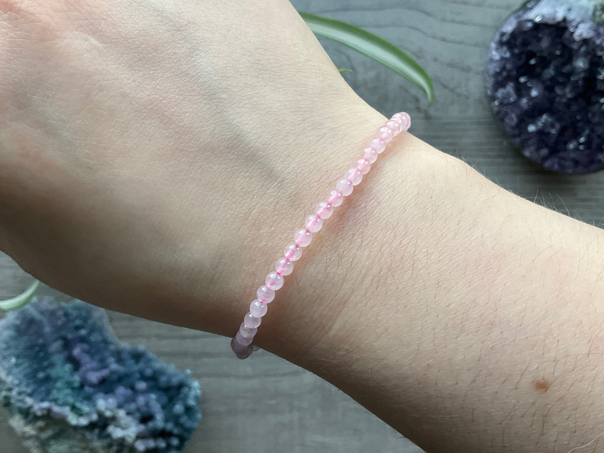 Rose Quartz Bracelet 3.5mm - The Wandering Fox Emporium, Your Crystal Store close up
