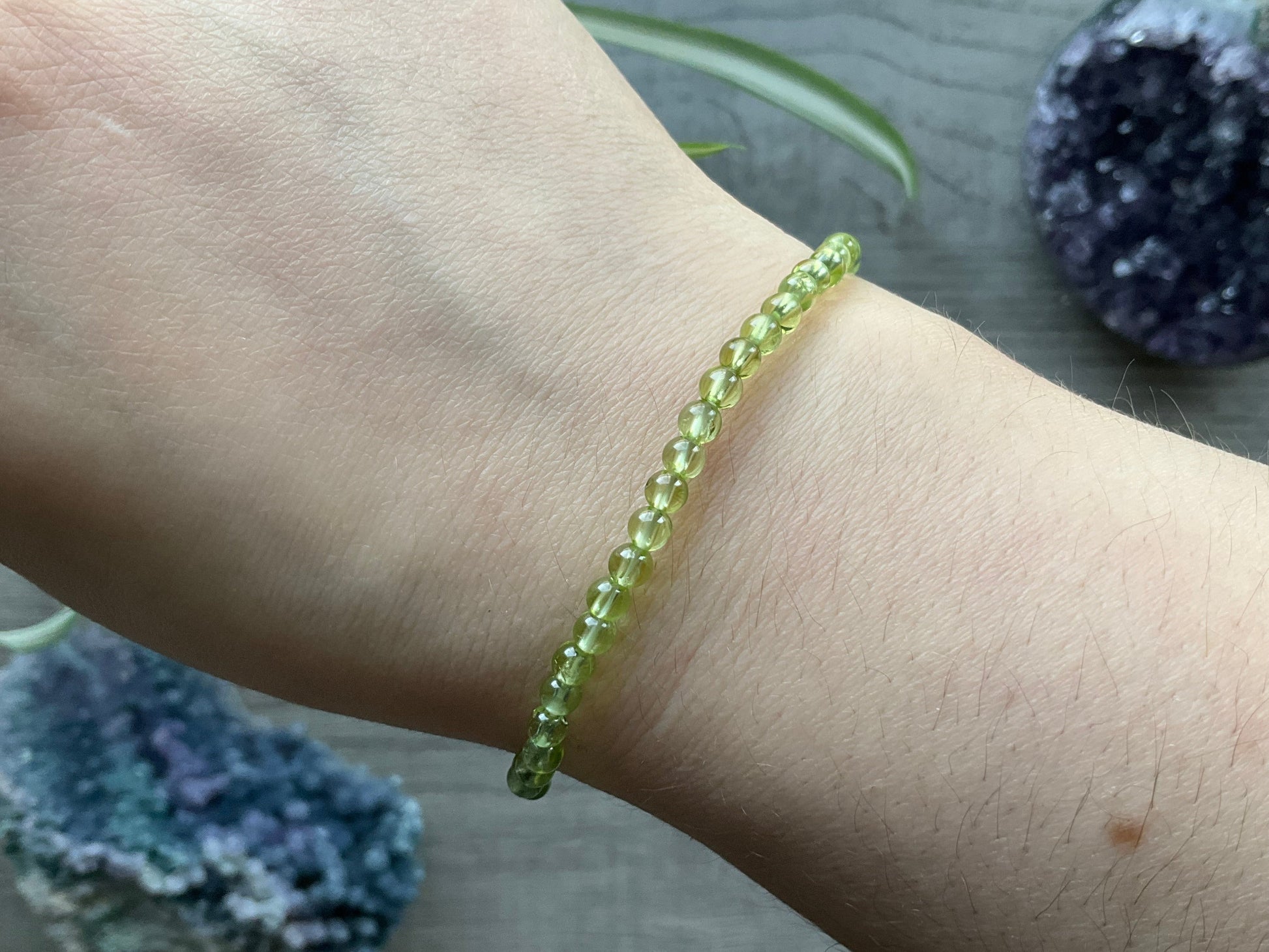 Peridot Bracelet 3.5mm - The Wandering Fox Emporium, Your Crystal Store close up