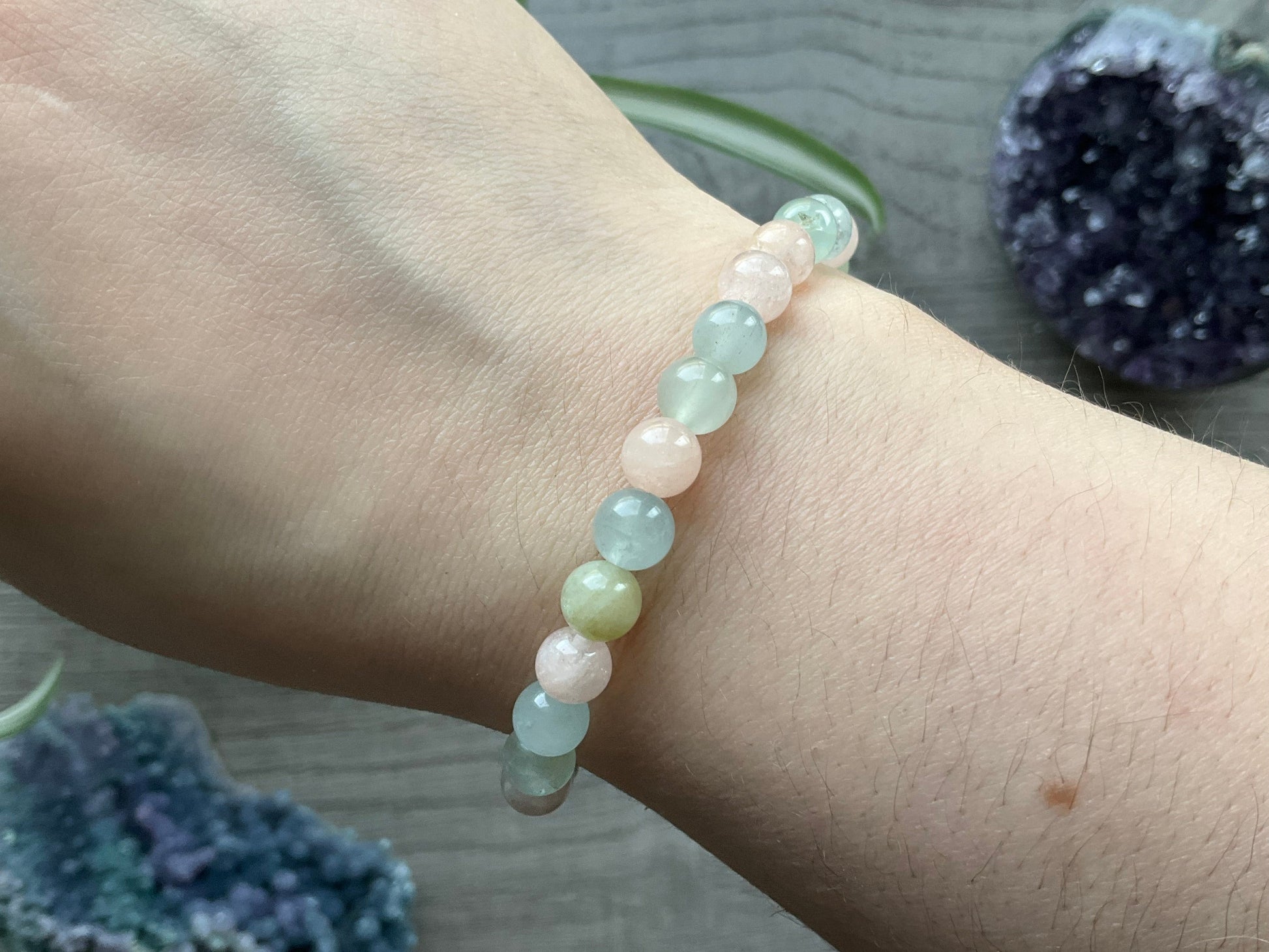 Morganite Bracelet 6.5mm - The Wandering Fox Emporium, Your Crystal Store close up