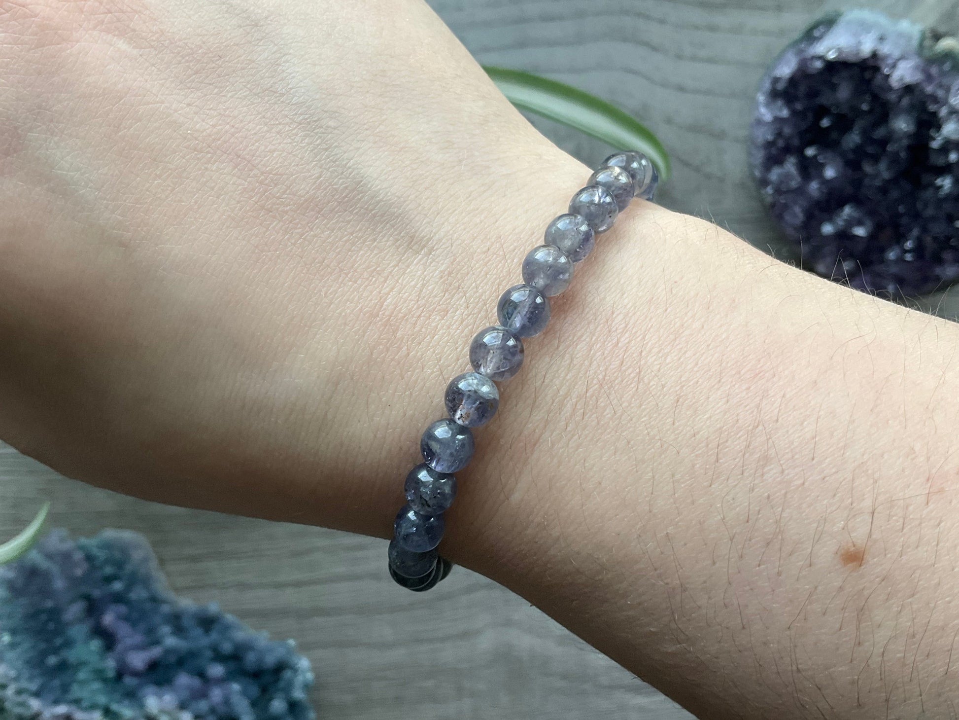Iolite Bracelet 6mm - The Wandering Fox Emporium, Your Crystal Store close up