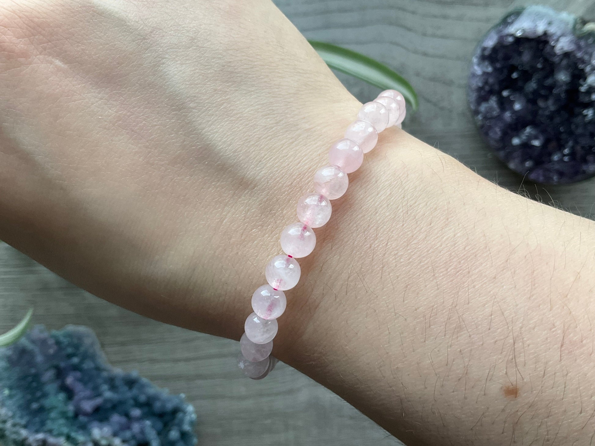 Rose Quartz Bracelet 6mm - The Wandering Fox Emporium, Your Crystal Store close up