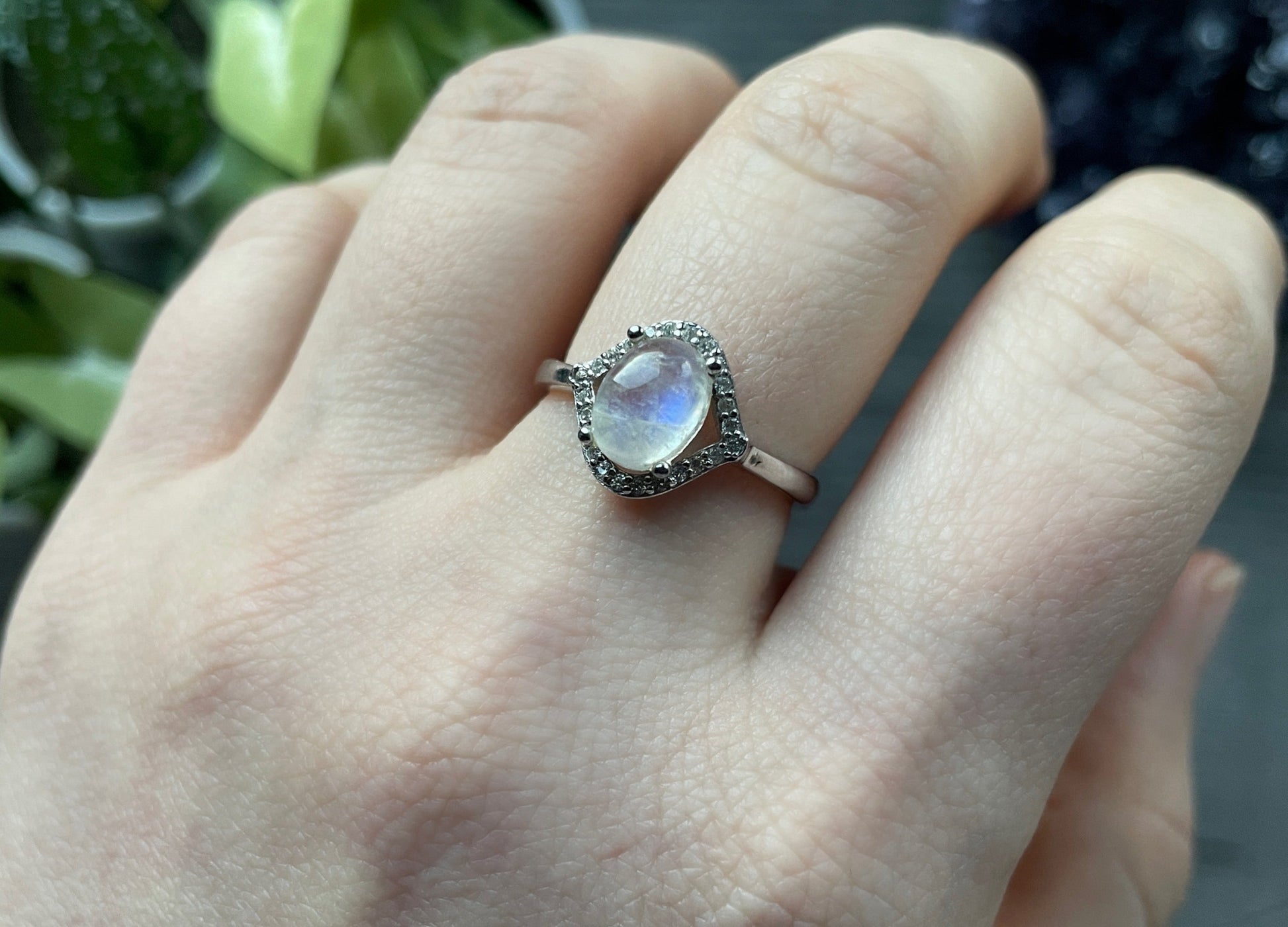 Pictured is a white moonstone gemstone set in an S925 sterling silver ring. White Moonstone S925 Sterling Silver Ring (H) - The Wandering Fox Emporium, Your Crystal Store