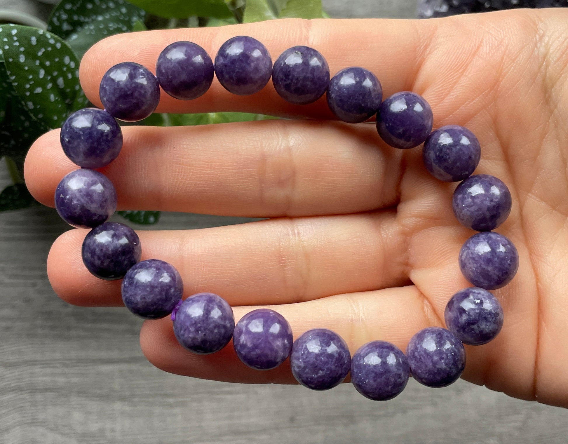 Lepidolite Bracelet 10mm - The Wandering Fox Emporium, Your Crystal Store close up