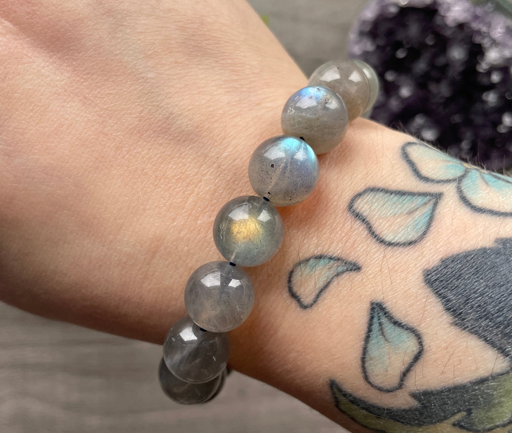 High Quality Labradorite Bracelet 12mm (A) - The Wandering Fox Emporium, Your Crystal Store close up
