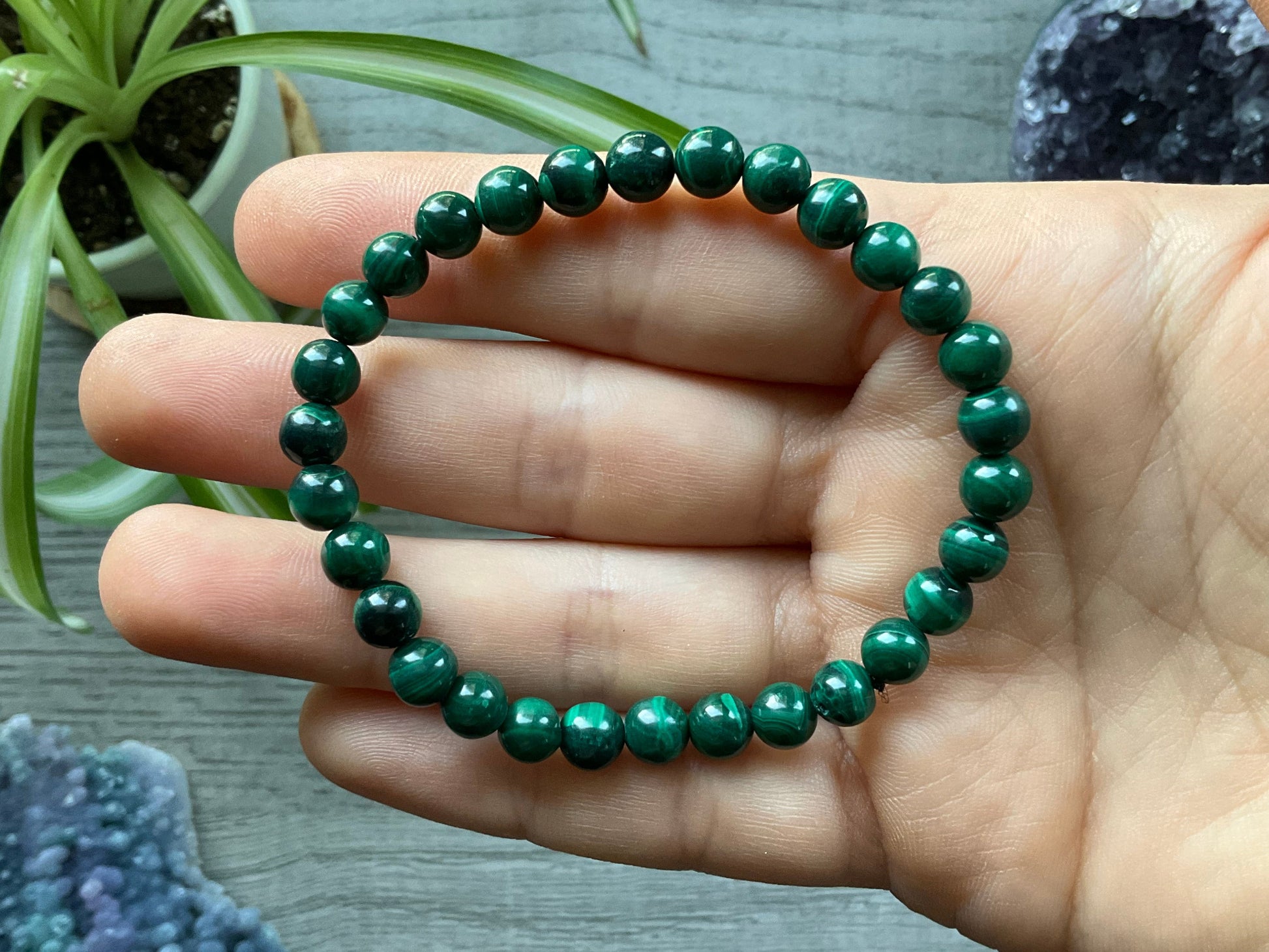 Malachite Bracelet (6mm) - The Wandering Fox Emporium, Your Crystal Store close up