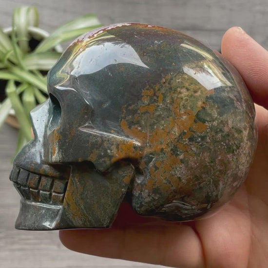Pictured is a large skull carved out of ocean jasper or river jasper. Ocean Jasper Crystal Skull .65kg - The Wandering Fox Emporium, Your Metaphysical Store video